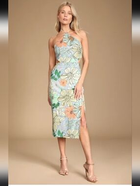 Lulus Tropical You Mine Blue Floral Print Halter Tie-Back Midi Dress